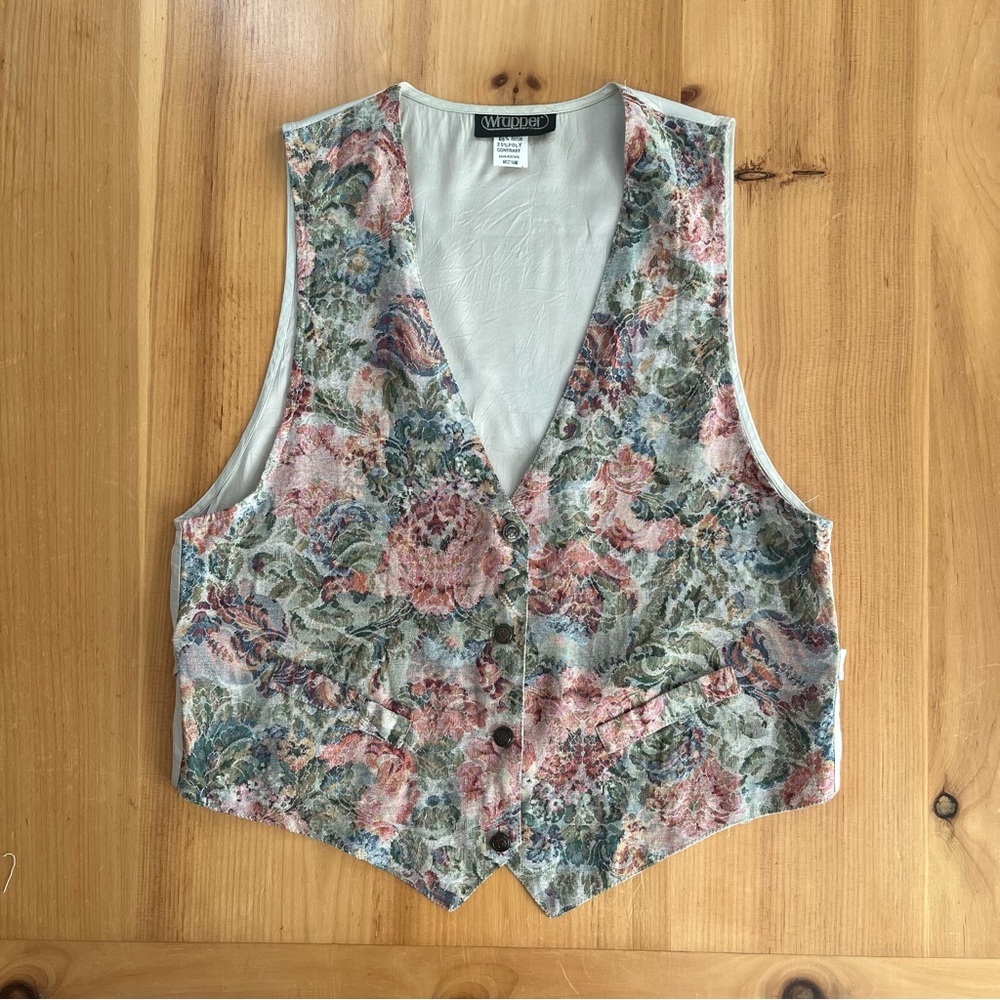 Vintage Wrapper Floral Tapestry Vest Medium Button Front Cottagecore 90s Style